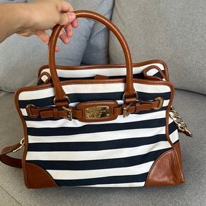 Michael Kors Hamilton Navy Blue White Stripe Brown Leather Tote Bag